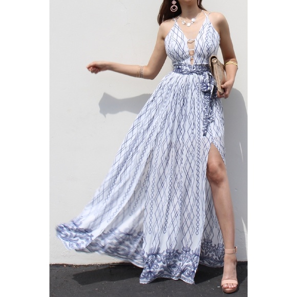 Dress Day Dresses & Skirts - LAST 1! Printed Open Back V-Neck Split Maxi Dress